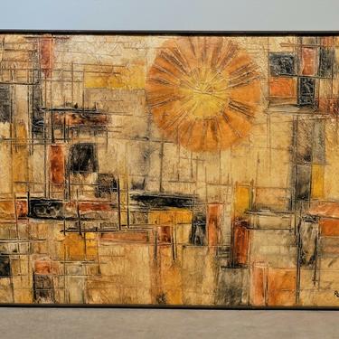 Large SIGNED RUSSELL ABSTRACT IMPASTO OIL PAINTING Textured Art MID CENTURY Vtg