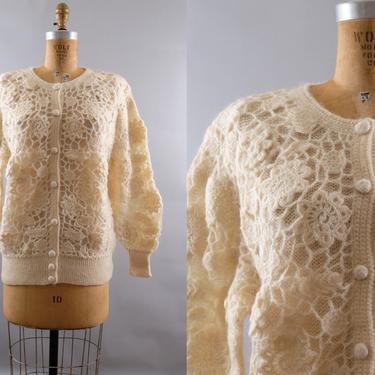 80s Cream Wool Lace Floral Cardigan Sweater Large 