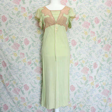 30s-40s Night Gown, Light Sage/Mint Green Bias Cut with Ecru Lace Vintage Slip Dress, Short Sleeve, Size Small 