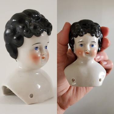 Antique Rare Low Brow China Doll Head with Painted Black Curls - 3.25 Inches Tall - Antique German Dolls - Collectible Dolls - Doll Parts 
