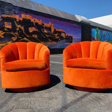 Pair of beautiful 1970's rusty orange vintage velvet swivel chairs 