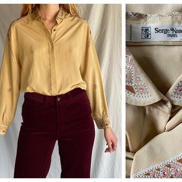 Vintage Scarf Print Blouse / 1970's 1980's Printed Shirt / Button Up Shirt / Beige with Brown Scarf Print / Designer Serge Nancel Paris 