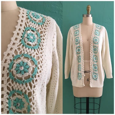 vintage 60's cream knit cardigan // vintage jeweled sweater 