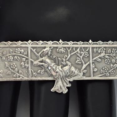 70's silver plated metal Erato & lyre romantic brooch, unique Art Nouveau Revival Greek goddess in a tree rectangle pin 