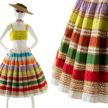 Vintage 1950s Circle Skirt | 50s Rainbow Striped Cotton Metallic Gold Ric Rac Tiered Swing Fiesta Patio Skirt (x-small) 