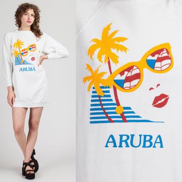 80s Aruba Glam Lady Sweatshirt Dress - Petite Large | Vintage White Graphic Pullover Mini Dress 