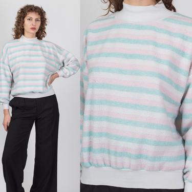 80s Pastel Striped Fuzzy Mockneck Sweatshirt - Extra Large | Vintage White Color Block Pullover 
