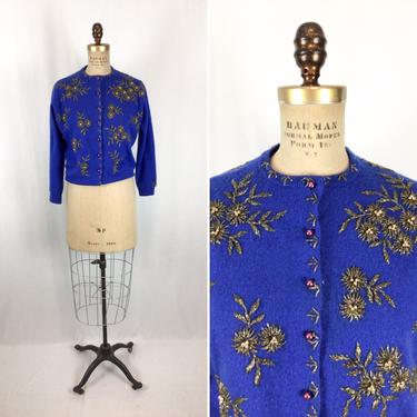 Vintage 60s Cardigan | Vintage blue wool beaded embroidered Cardigan | 1960s Elsie Tu beaded floral sweater jumper 