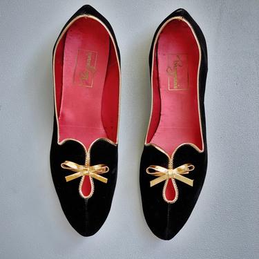 Vintage 60s Velvet Slippers w/ Gold Bows 