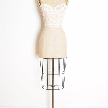 vintage 80s bustier top sheer nude lace strapless corset bra lingerie shirt 38 M 
