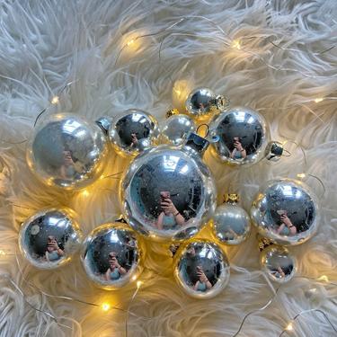 Vintage Set of 12 Silver Glass Ornaments // Silver Christmas Tree Bulbs // Silver Holiday Ornament // Vintage Christmas Decor - S4_S5 