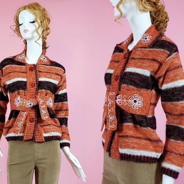 Unique vintage Jim Morrison cardigan sweater. Embellished with sequins & beads. Fibermania! 70s fashion. (Size S) 
