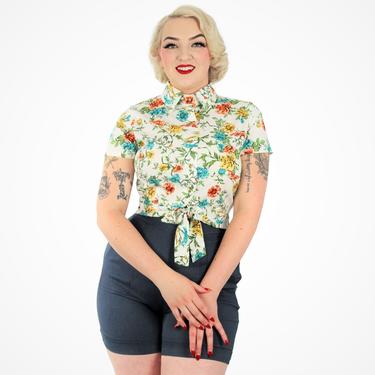 Teal and Beige Floral Knot Top  