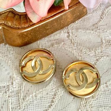 Statement Status Logo Earrings, Vintage Double C, Clip On Style, Gold Tone, Vintage 70s 80s 