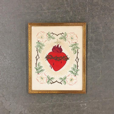Vintage Religious Embroidery 1960s Retro Size 13x16 Bleeding Heart + Thorns with Cross + Pink Flower Border in Gold Ornate Wood Frame 