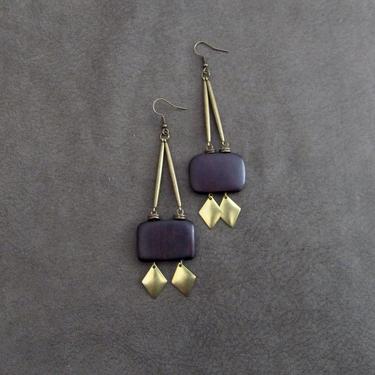 Long geometric wooden earrings, bronze dangle earrings, Afrocentric jewelry, African earrings, black earrings, mid century modern earrings5 