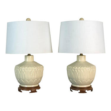 Asian Style Ceramic Lotus Leaf Table Lamps, Pair by 2bModern