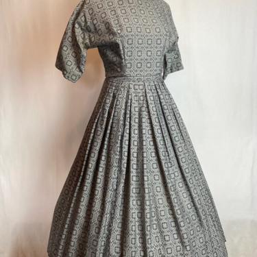Fabulous 50’s dress cotton fit n flare pleated LANZ prairie cottage Core Prim & proper gray with black trim 