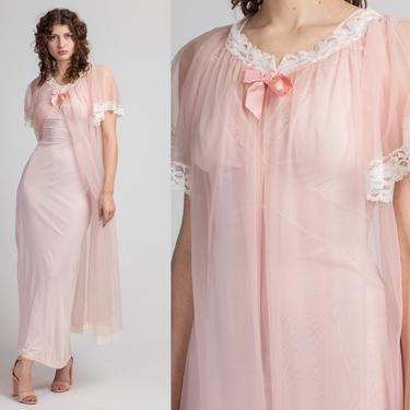 60s 70s Sheer Pink Peignoir Robe - Small | Vintage White Lace Trim Maxi Negligee Dressing Gown 
