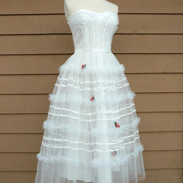 White Strapless 1950s Crinoline Rose Corsage Party Formal Dress 