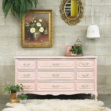 LOCAL PICKUP ONLY Vintage Dresser Retro 1960s Light Pink Ornate Carved Wood + 9 Drawer Bureau + Lion's Feet by Henry Link Bedroom + Storage 
