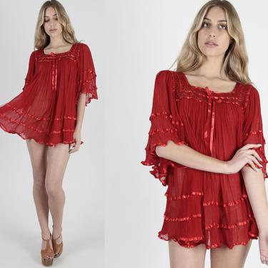 Vintage 70s Red Mexican Gauze Mini Dress Lightweight Sheer See Through Crochet Trim Kimono Angel Sleeve Beach Party Cover Up Tunic 