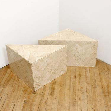 Travertine Side Tables End Tables Pair Tessellated Marble Triangle Tables 