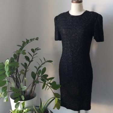 Vintage Beaded Black Party Dress| Special Occasion Short Sleeve Fitted Embellished Dress | Silk Handbeaded Dress 