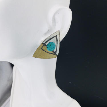 Modernist Earrings Los Castillo Onix Negro Sterling & Inlaid Turquoise 