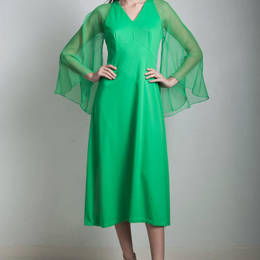 vintage 70s green midi empire dress sheer angel sleeves polyester knit SMALL MEDIUM S M 