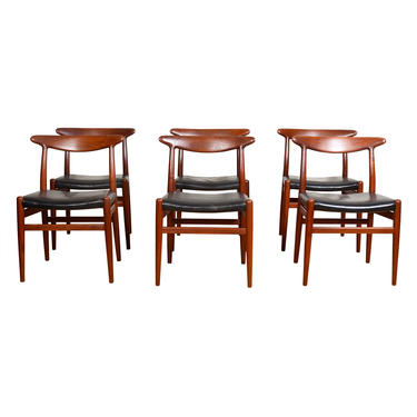 Hans Wegner Leather Set of 6 Danish Modern Teak W2 Dining Chairs