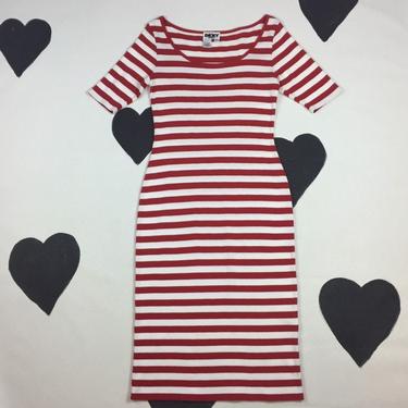 1990's DKNY red white striped bodycon midi dress 90's supermodel preppy scoop neck stretch ribbed cotton fitted French sailor summer dress L 