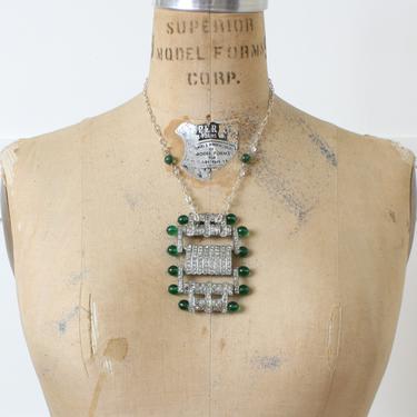 upcycled Art Deco necklace • paste rhinestone &amp; green glass 1930s vintage dress buckle 