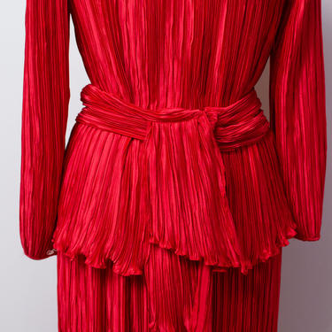 1980s Red Pleated Dress | 80s Dress Set 