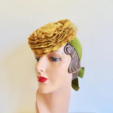 Vintage 1940's Yellow and Green Straw Tilt Fascinator Hat Ribbon Back Tie Rockabilly Swing 40's Millinery WW2 Era Spring Summer Howard Hodge 