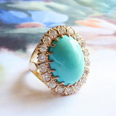 Large Vintage Mid-Century Oval Robin's Eggs Blue Turquoise and Diamond Halo Cocktail Statement Ring 18K 
