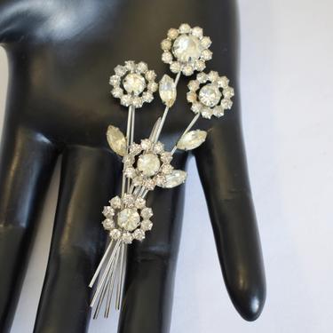 Big 50's rhodium plated clear rhinestone flower cluster brooch, unusual tine set glass striking floral bling statement pin 