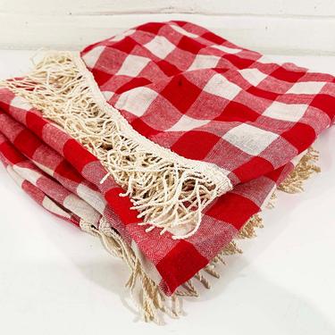 Vintage Picnic Tablecloth Circle Mid-Century Round Table Cloth Dining Kitchen Handmade Plaid Red White Fringe Tassels Linen Boho Cottage 