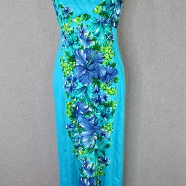 1960s-70s Blue Hibiscus Hawaiian Dress- Floral Maxi- Resort Wear- Summer Kaftan 
