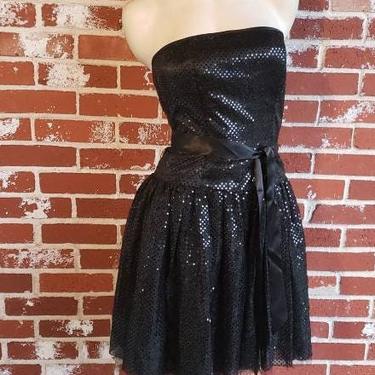 80s Black Sequin Dress Jessica McClintock for Gunne Sax Strapless Party Dress Peekaboo Tulle 