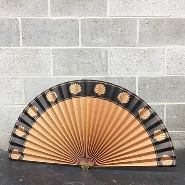 Vintage Shelving Decor Retro 1980s Paper + Decorative Fan + Solid Brass Base + Seashell + Large Size + Dusty Peach + Made in Taiwan 