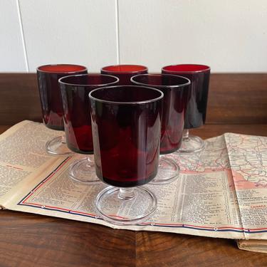 Set of 6-  Vintage Luminarc Arcoroc France Cavalier Ruby Red Cordial Glasses, MCM Retro Bar 