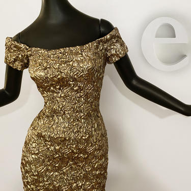Vintage 80s does 60s Metallic Gold Wiggle Dress • Sexy Rockabilly Pin Up Bodycon Off Shoulder Form Fitting Clubbing Dress • Gold Lamé Pucker 
