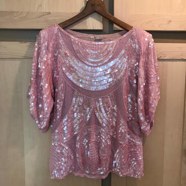 Vintage Pink Sequin Shirt- Flapper Costume- Great Gatsby Party- Sequined Clothing- Beaded Blouse- Oversized Top- Whimsical Blouse- XS SM MED 