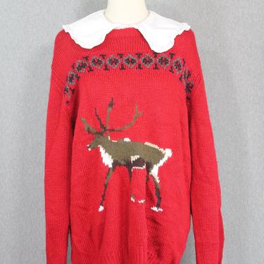 1980s Reindeer Sweater || Red Christmas Sweater || Peter Jensen size XL 