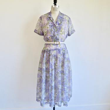 Vintage 1950's Purple Green Floral Shirt Style Sheer Day Dress Fit and Flare Full Skirt Slip Belt Spring Rockabilly Swing 30.5&amp;quot; Waist Medium 