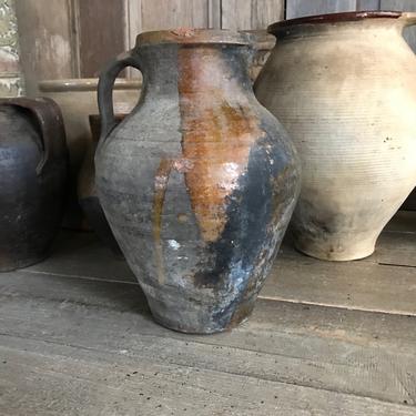 19th C Pottery Jug, Pitcher, Small Olive Jar, Redware Slip, Rustic Terra Cotta, Garden Vase, European Farmhouse, Farm Table 