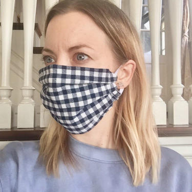 Reusable Triple Ply Filter Pocket Navy & White Plaid Gingham Cloth Face Mask 