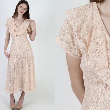 1990s Blush Grunge Dress / Nude Sheer Lace Maxi Dress / 90s Full Skirt Gypsy Lace Dress / Womens Vintage V Neck See Through Dress 