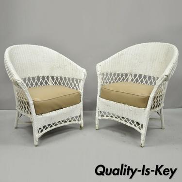 Antique Pair of of White Wicker Rattan His and Hers Sunroom Victorian Arm Chairs
